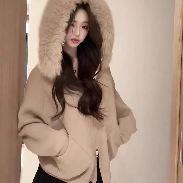 洋气毛领连帽针织开衫女时尚百搭韩版秋冬纯色拉链毛衣外套上衣