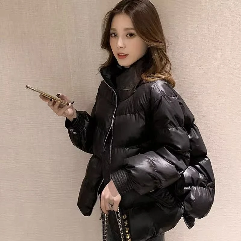 白鸭绒短款羽绒服女2023秋冬新款亮面加厚立领别致韩版面包服外套