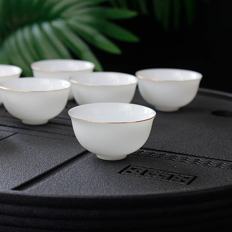 羊脂玉纯白金边小反口茶杯品茗杯潮汕功夫茶具白玉令薄胎陶瓷茶杯