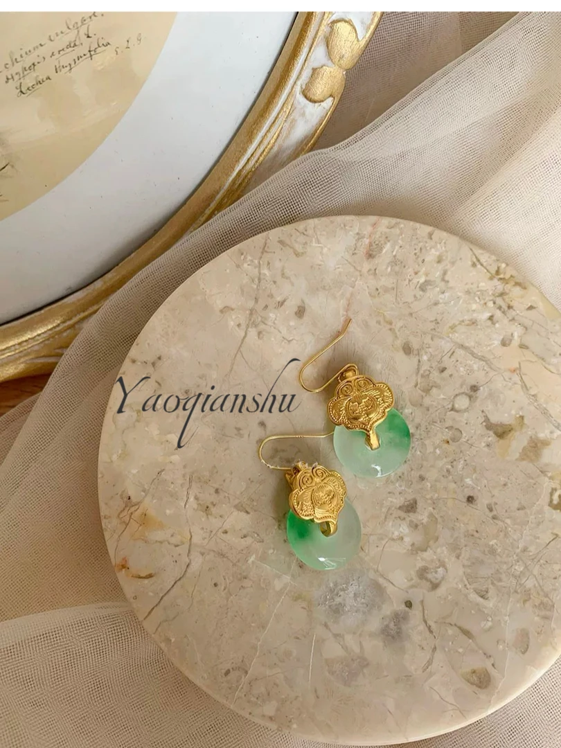 非金属玻璃耳饰 绿色飘花平安扣新中式气质耳环