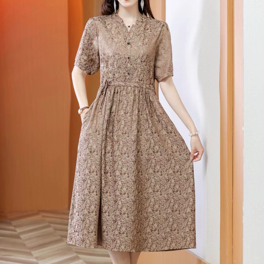 4529 春夏气质V领收腰显瘦女人味连衣裙新中式