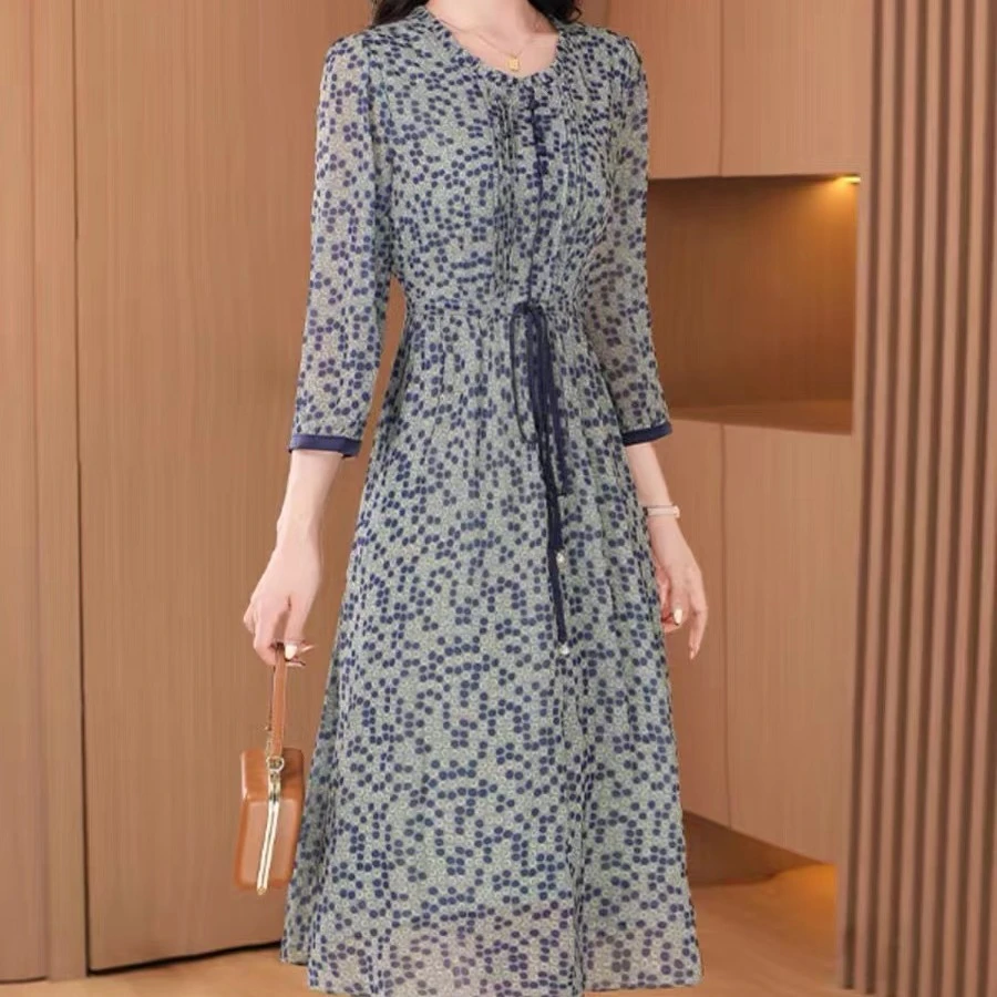 0216透气裙子妈妈装高贵新款蓝白点点妈妈装夏装洋气