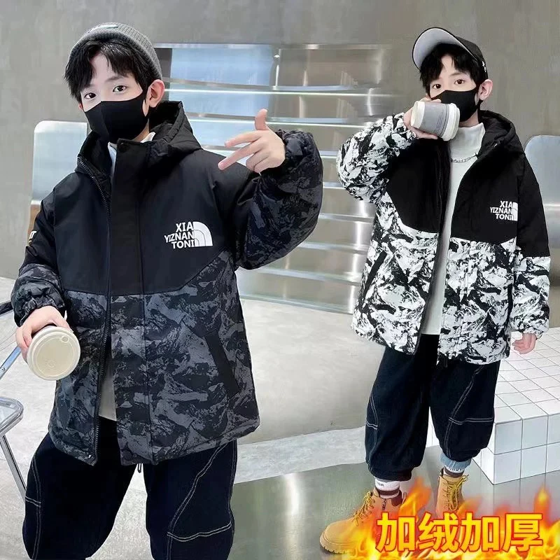 男童加绒加厚棉衣外套秋冬新款棉服中大童中长款风衣冲锋衣派克服