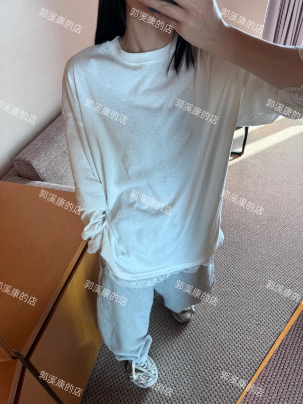 【M.two】白日舒曼 休闲百搭小众设计拼蕾丝T恤/1292