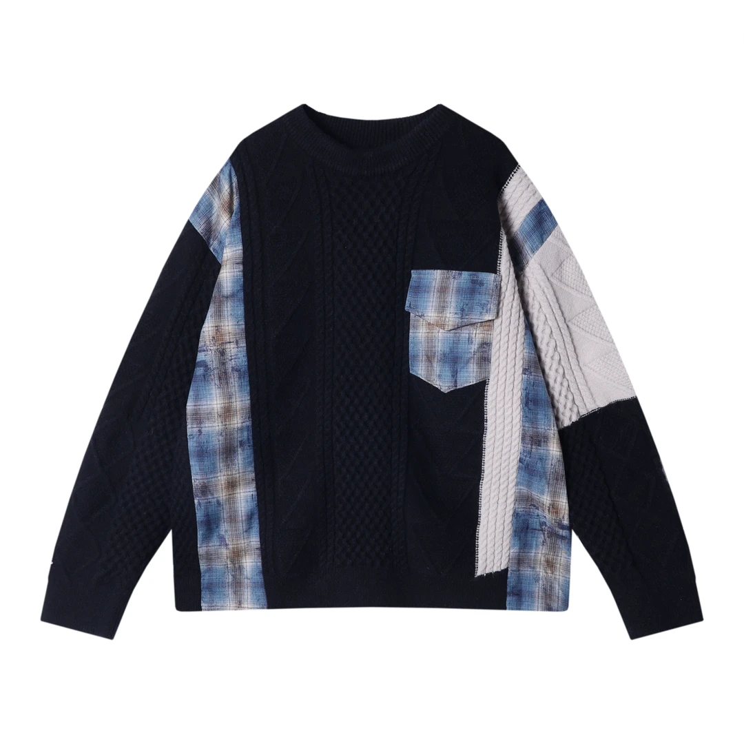 秋冬季新款针织拼接韩系复古氛围感撞色毛衣宽松百搭时尚