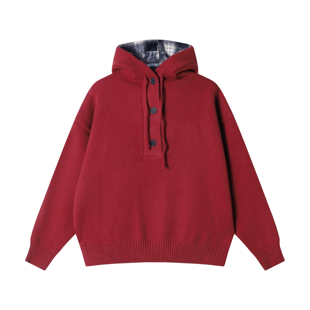 秋冬季新款时尚个性韩版纯色纽扣抽绳连帽针织衫毛衣情侣休闲百搭