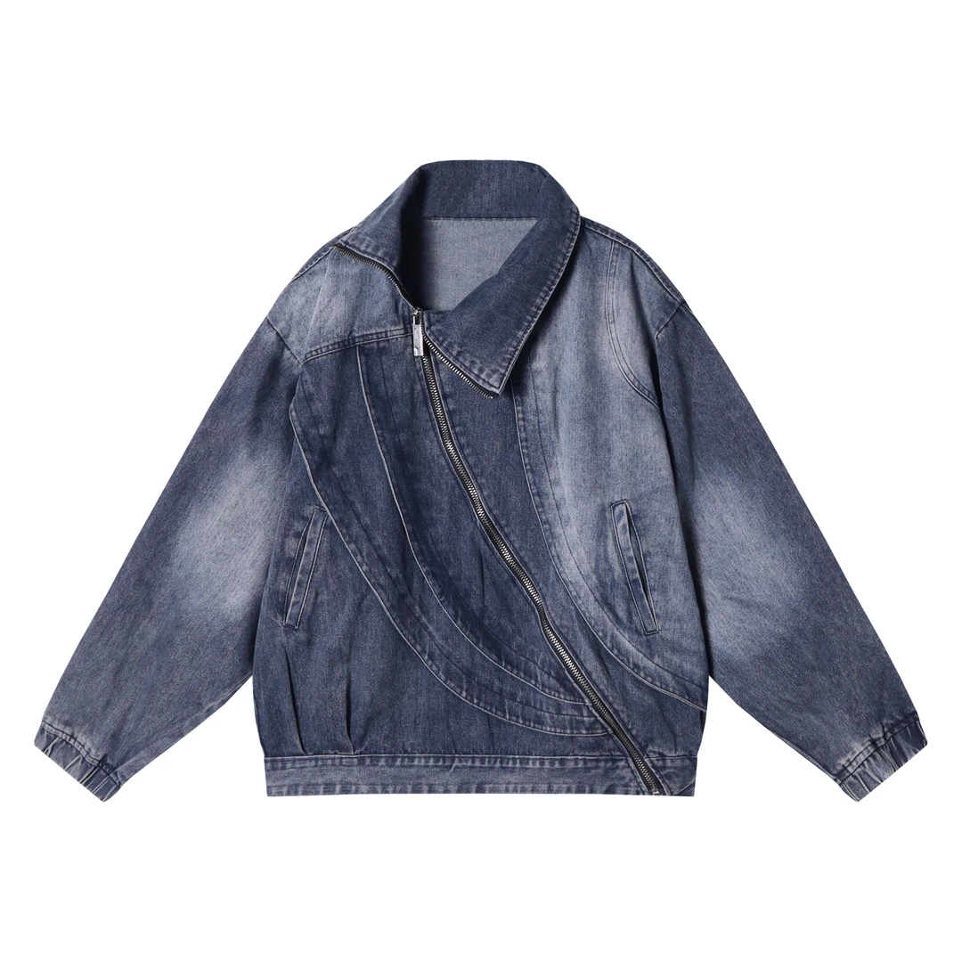 3315新款男士牛仔拼接时尚设计斜领扣长袖时尚美式街头卫衣宽松