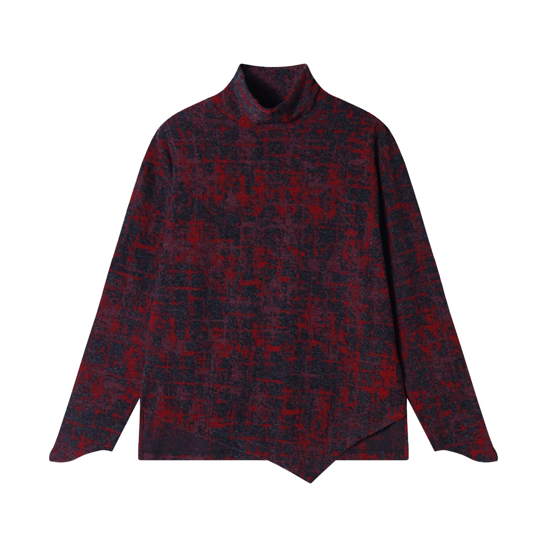 T1764新款时尚个性扎染下摆不规则半高领套头上衣舒适百搭长袖