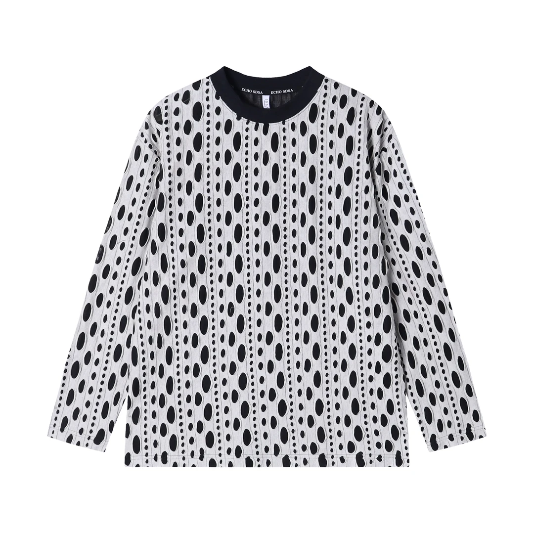 秋冬新款男士黑白原点破洞设计圆领时尚百搭潮流套头长袖卫衣