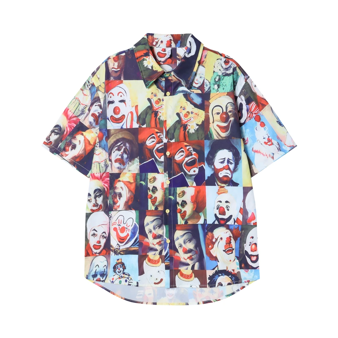 CS25夏季美式街头小丑印花男士衬衫百搭复古休闲短袖宽松满印上衣