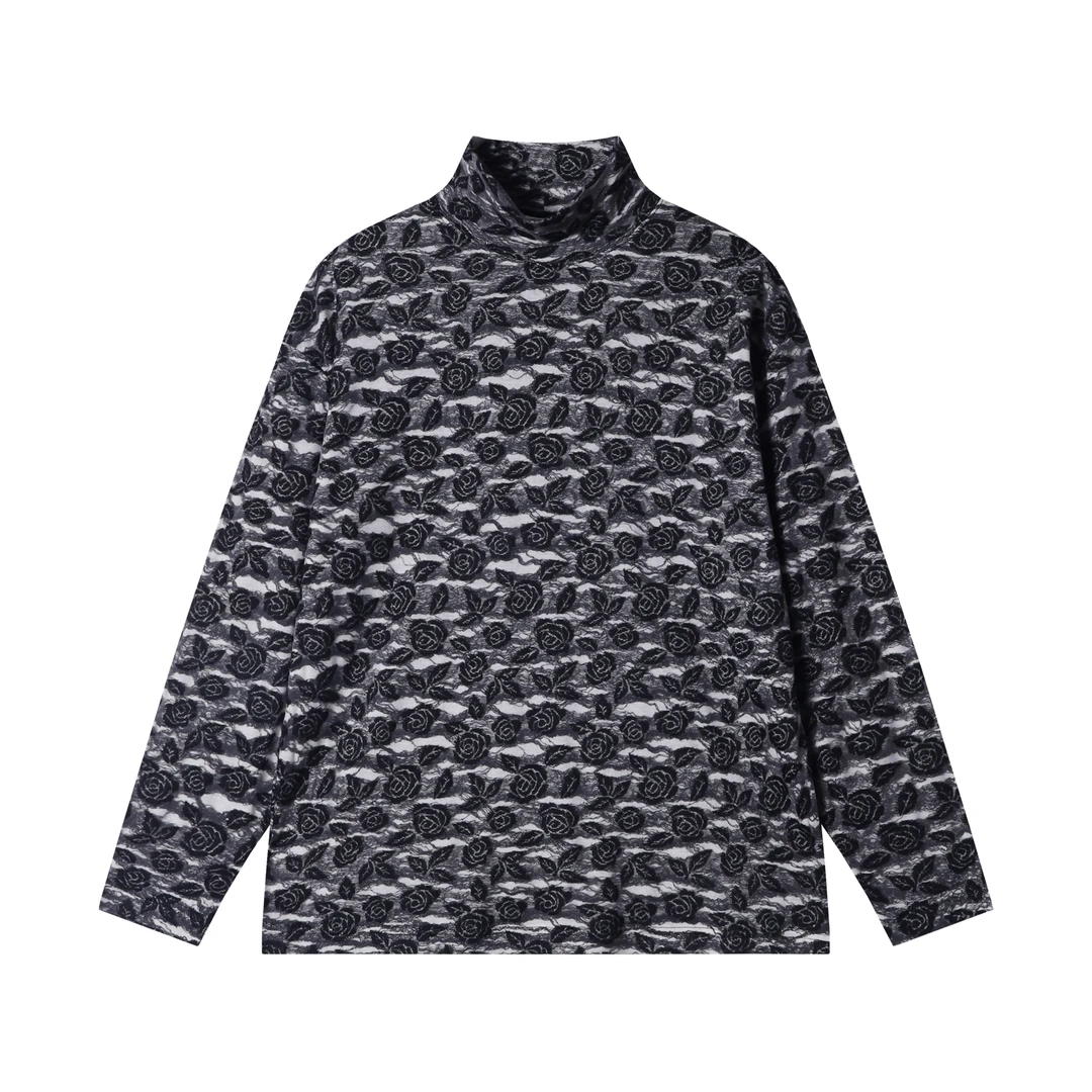 T1933新款男士半高领满印玫瑰花时尚韩版设计宽松百搭长袖卫衣