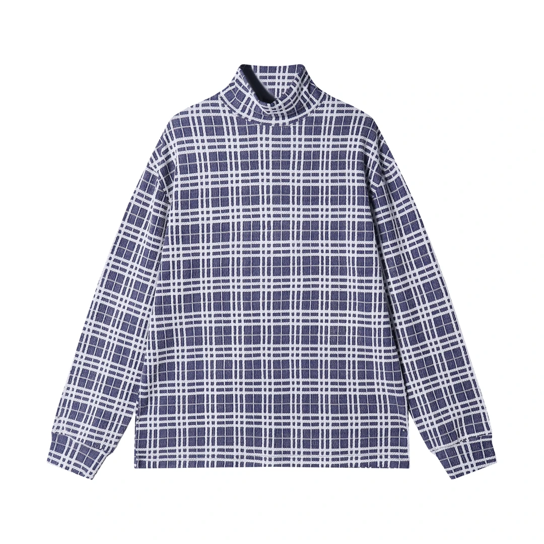 秋冬季新款时尚个性撞色条纹格子半高领打底衫休闲百搭潮流上衣