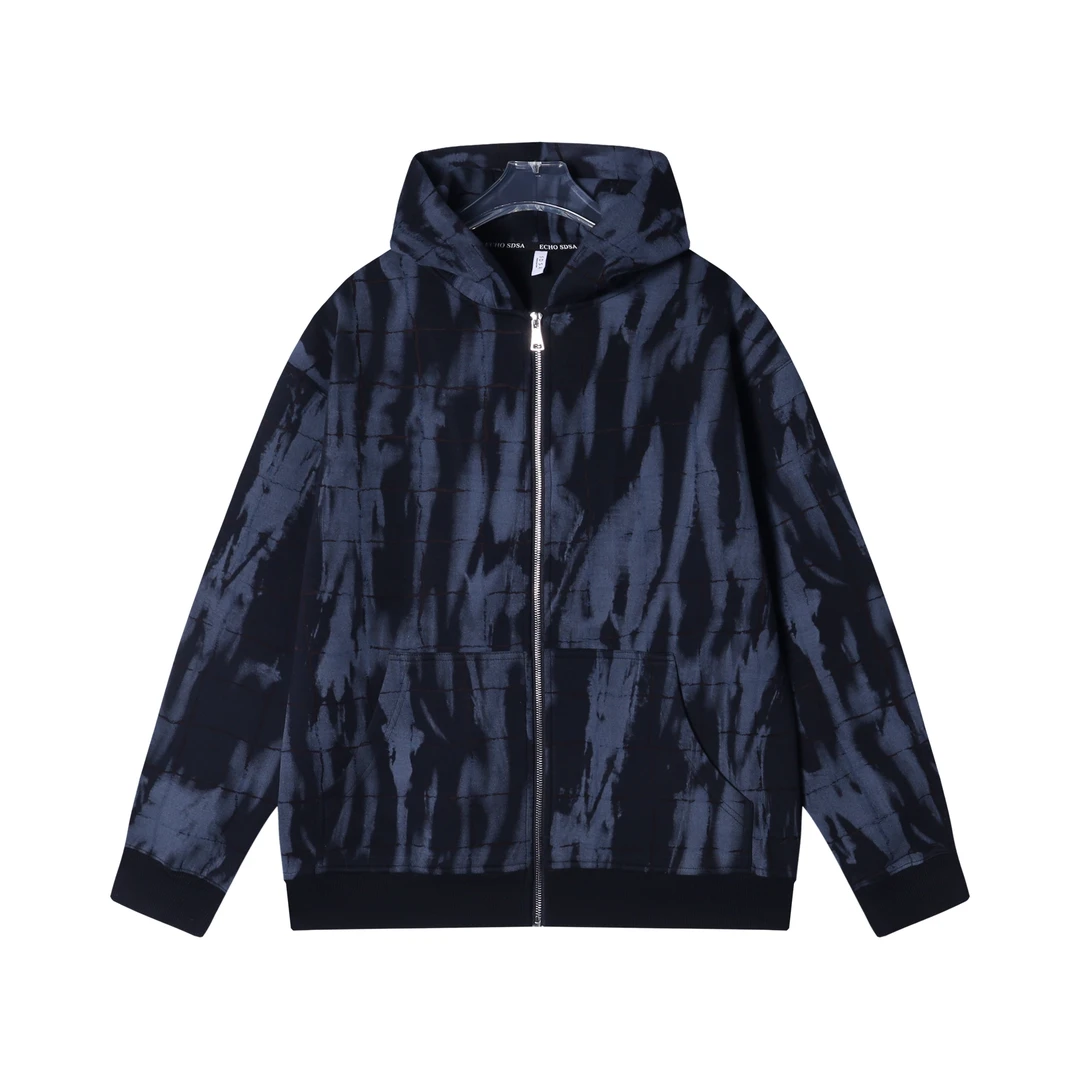 秋冬季新款美式潮牌扎染格纹连帽开衫连帽卫衣百搭时尚长袖