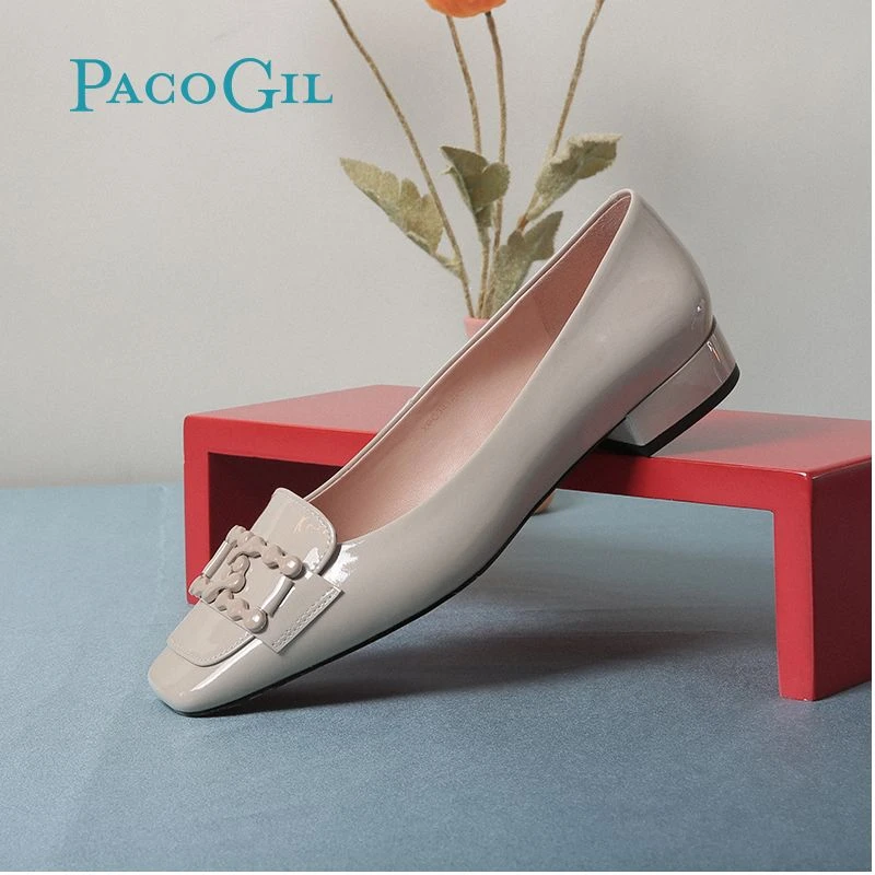 PACO GIL女鞋真皮复古方头时尚链条粗跟舒适浅口单鞋女XPC32125