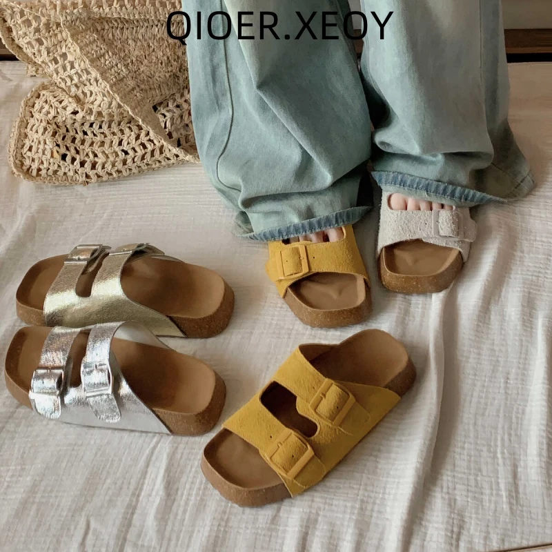 2024年夏季新款一脚蹬双排扣沙滩软底凉拖勃肯鞋女夏季外穿平底鞋