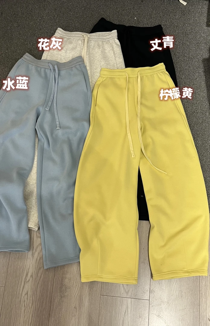 韩系女款冬季高腰抽绳松紧腰加绒休闲阔腿直筒裤24112