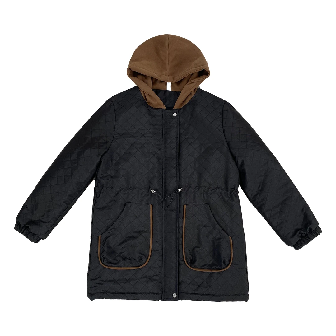 小众感设计抽绳收腰连帽宽松棉服女2024冬款时尚中长款外套2607##