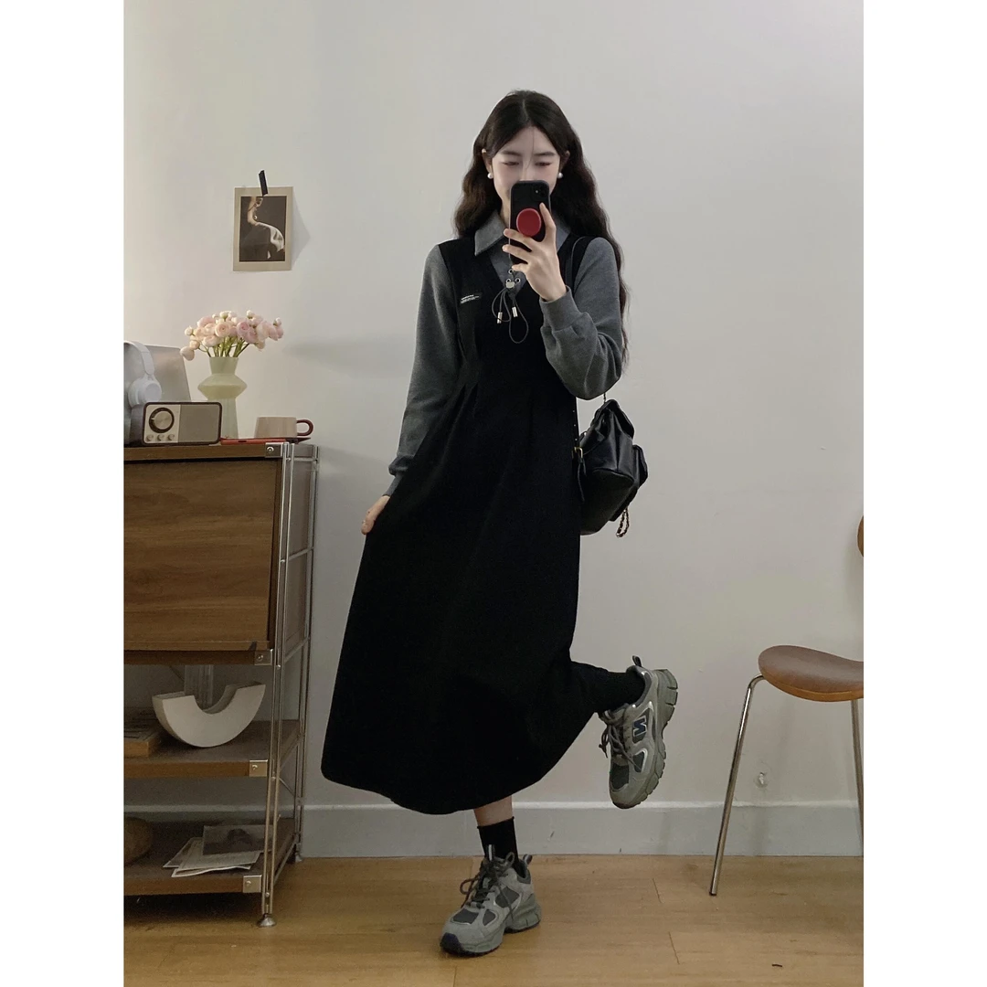 早秋大码法式新款秋冬显瘦黑色长袖拼接连衣裙针织假两件定制长裙