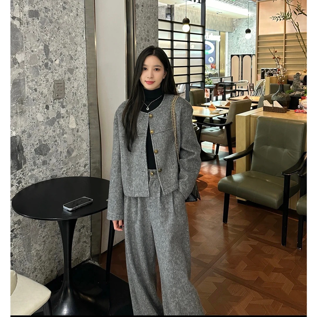 秋冬新款小香风高级感毛呢外套阔腿裤时尚套装两件套「红人上新」
