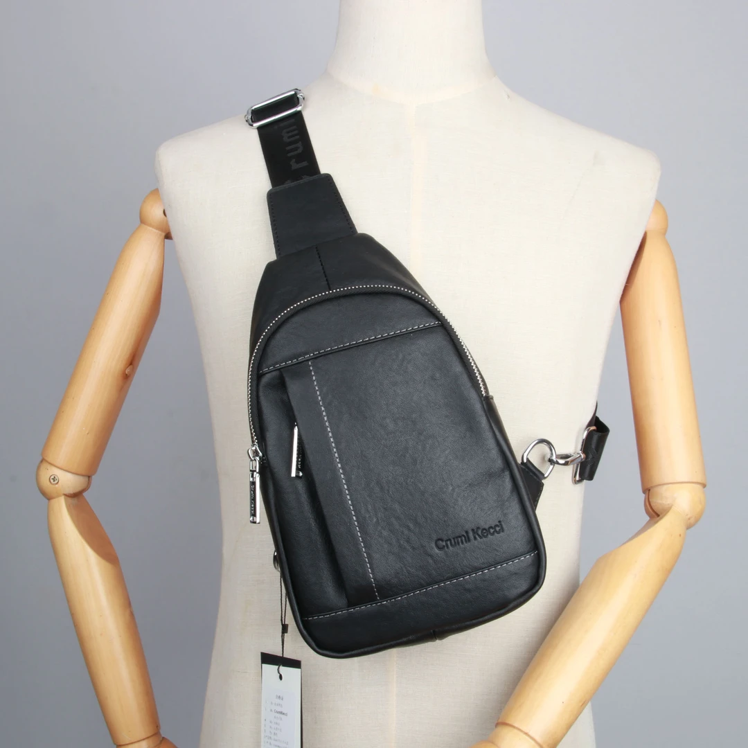 植鞣明线男士真牛皮胸包9053