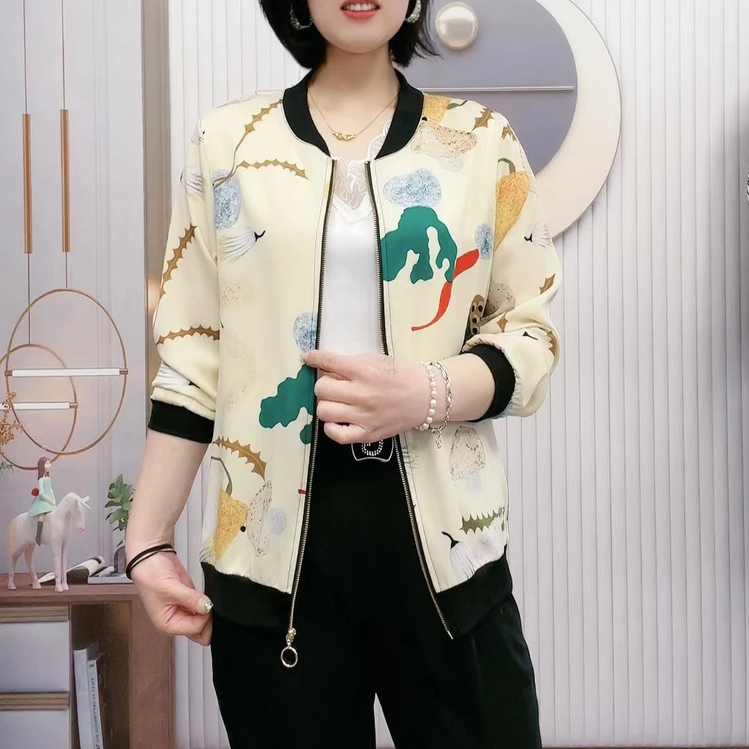 妈妈装印花时尚开衫长袖洋气外套2023新款大码宽松百搭棒球服上衣