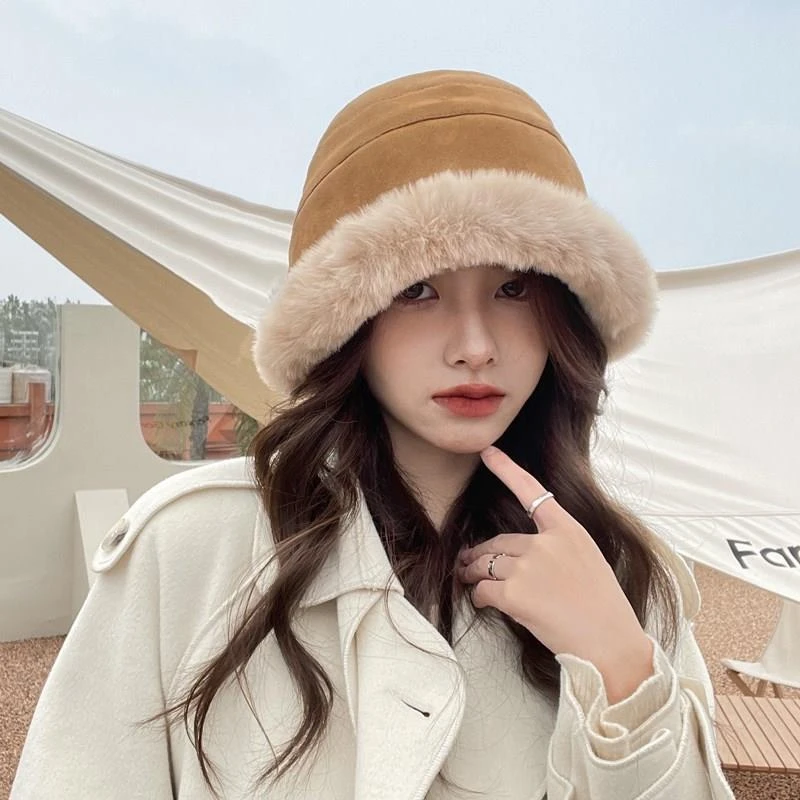 蒙古帽秋冬百搭仿麂皮加绒仿羊羔毛加厚渔夫帽休闲保暖时尚盆帽