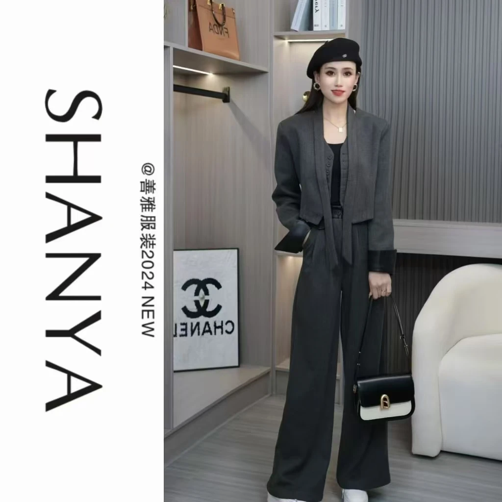 秋季新款韩系气质飘带显瘦短上衣轻奢百搭高腰阔腿裤两件套女3276