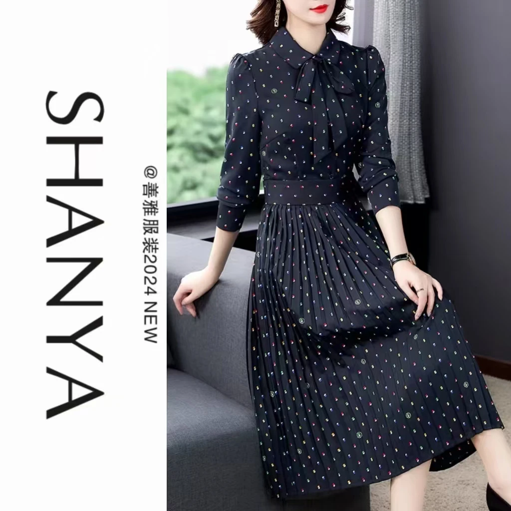 波点连衣裙#3235温柔时尚法式高级复古收腰显瘦轻奢名媛气质长袖