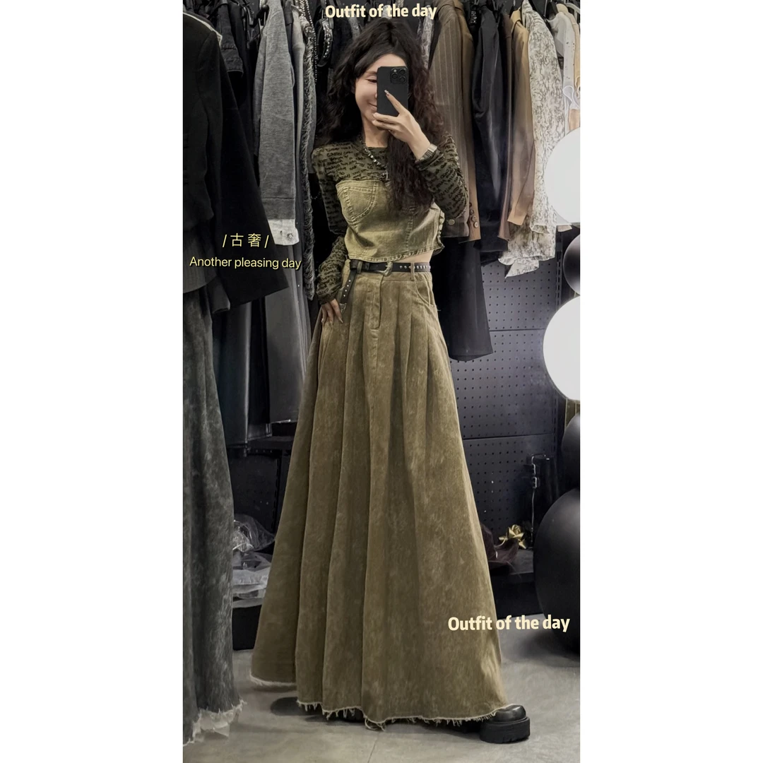 2025春复古显瘦时髦#3255短上衣+设计感高腰裙牛仔半身裙套装