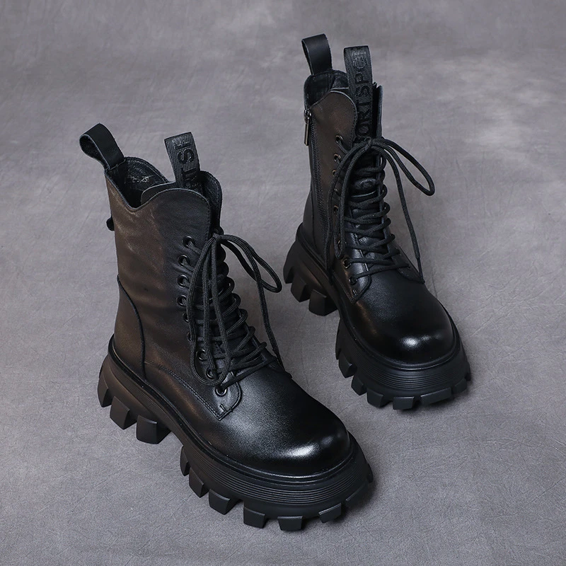 头层牛皮真皮松糕厚底马丁靴女秋冬英伦风小个子单靴复古手工靴子