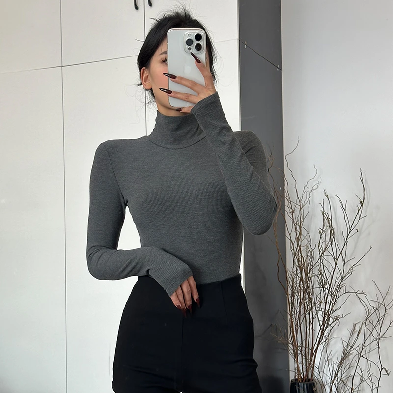 Aliu studio敲好穿ins磨毛高领修身百搭T恤潮女弹力显瘦内搭上衣