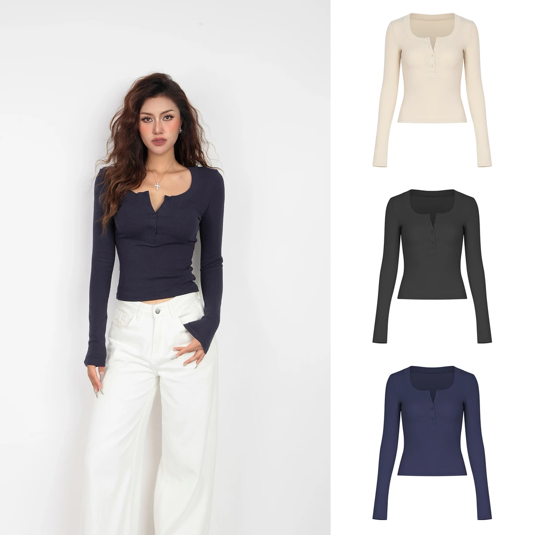 【Aliu自制】早春新款U领纽扣长袖T恤女纯欲百搭修身显瘦套头打底衫