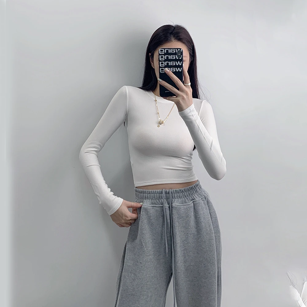 AliuStudio欧美辣妹短款显瘦螺纹弹力紧身打底衫修身长袖圆领T恤