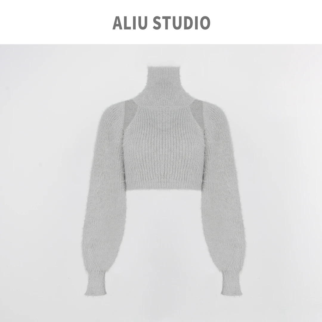 【Aliu自制】纯欲风毛绒绒无袖高领毛衣背心套装女秋季长袖两件套