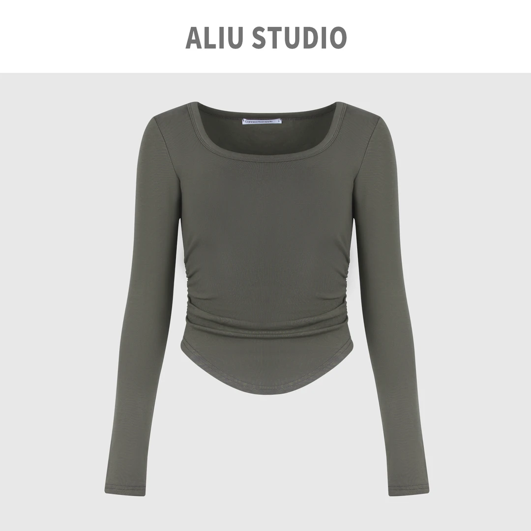 【Aliu自制】纯欲风性感露锁骨U领内搭收腰褶皱设计感加绒显瘦T恤