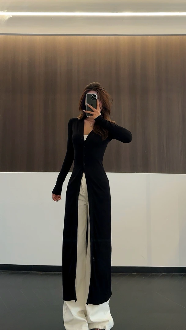 【Aliu自制】高级感御姐气质黑色修身V领针织开衫女赫本风长款外套