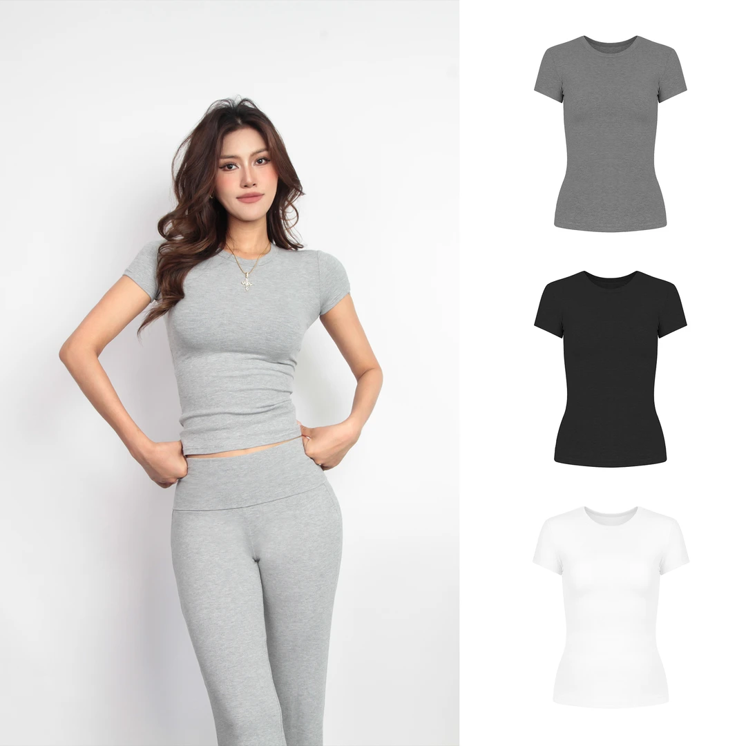 【Aliu自制】高弹力简约长款基础正肩T恤女2024收腰显瘦辣妹打底衫