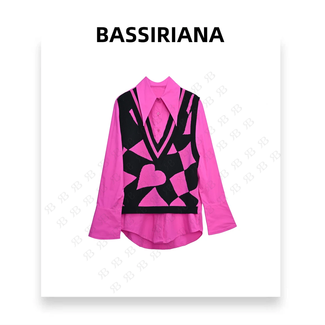 香【BASSIRIANA】新春设计师高级撞色针织套头轻奢翻领假两件211671