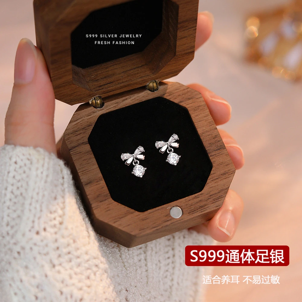 足银耳饰 S999纯银蝴蝶结耳钉女轻奢气质高级感2024爆款百搭耳环