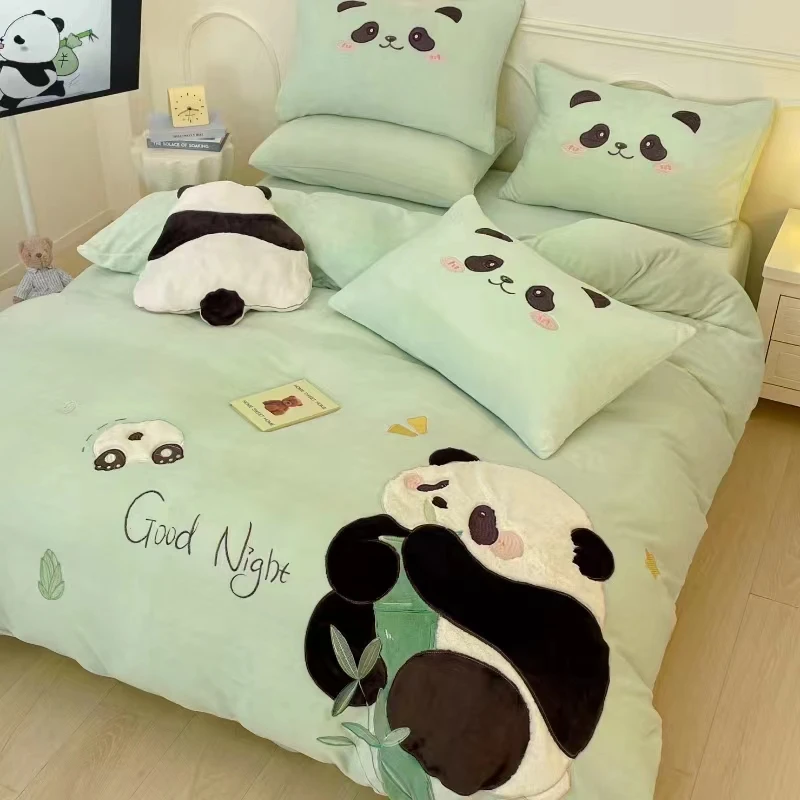 熊猫 冬季加厚刺绣牛奶绒四件套可爱加绒保暖被套床上用品不静电