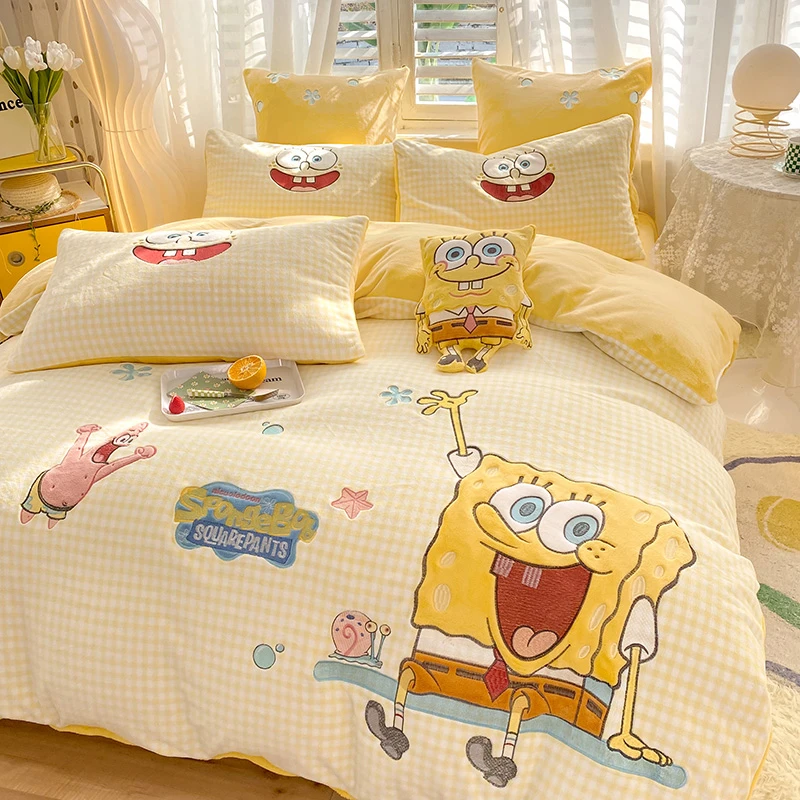 海绵宝宝 小清新保暖秋冬可爱加厚高克重牛奶绒四件套床上四件套