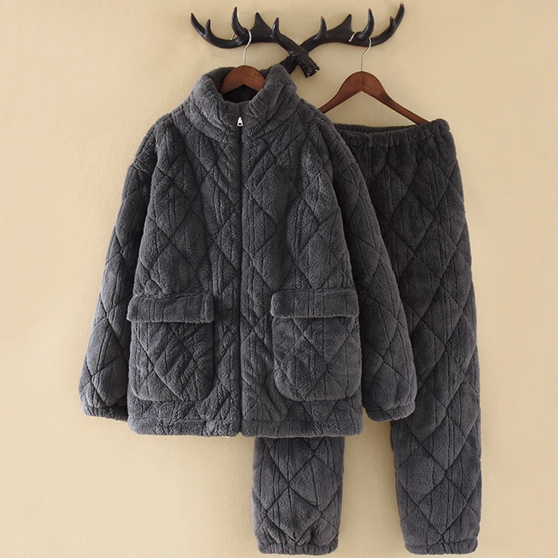 「超厚」毛绒睡衣男冬季三层夹棉加厚保暖深灰条纹开衫棉袄家居服