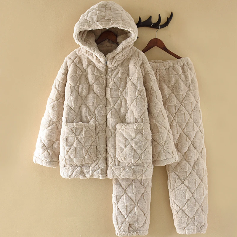 【超厚】睡衣女款冬季三层毛绒夹棉套装冬天保暖珊瑚绒棉袄家居服