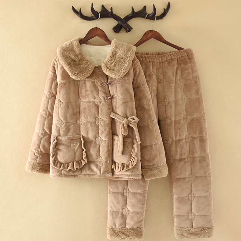 三层夹棉睡衣女冬季宫廷公主风高级感国风盘扣加厚保暖家居服套装