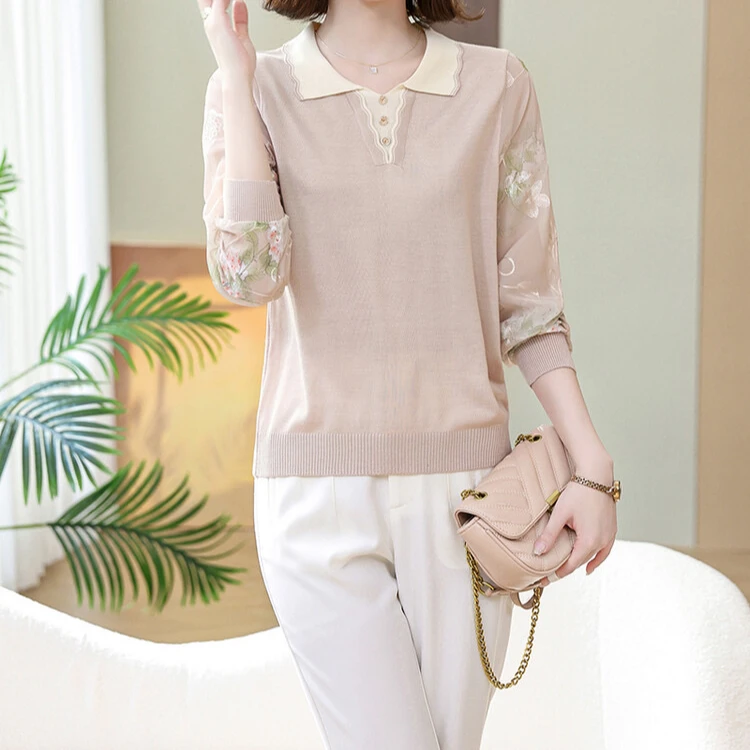 女装打底衫春夏长袖洋气针织衫时尚小衫网纱刺绣减龄气质宽松薄款