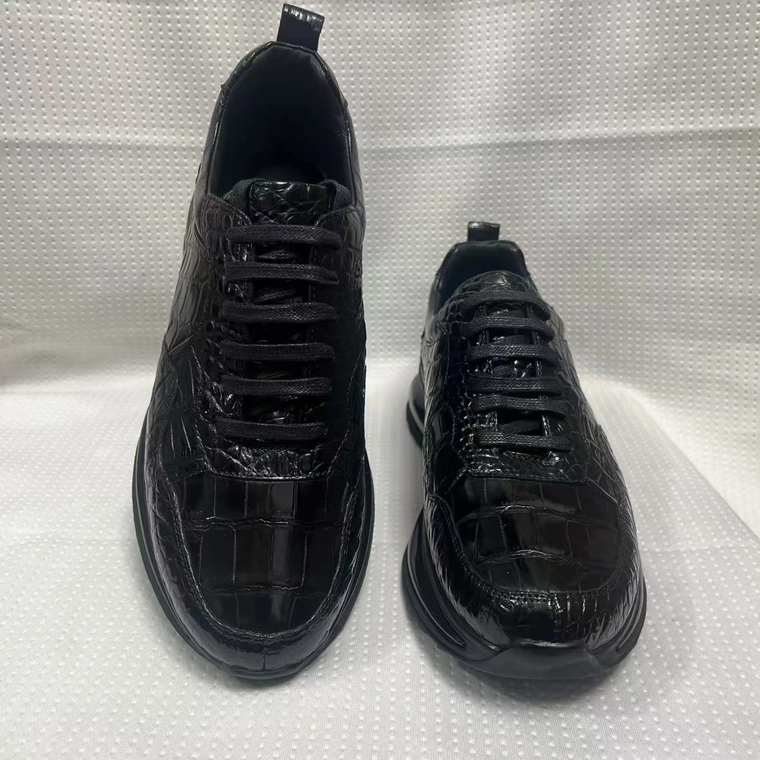 男士鳄鱼皮运动鞋休闲百搭真皮系带潮流耐磨黑色鞋子潮鞋男款时尚