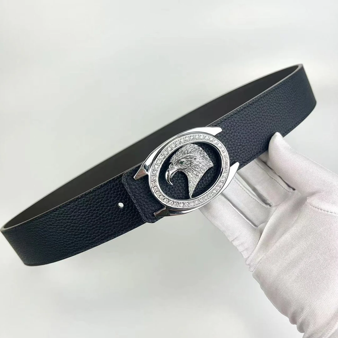 【镶钻鹰扣】时尚高档男士真牛皮皮带潮流简约百搭内穿平滑扣裤腰带