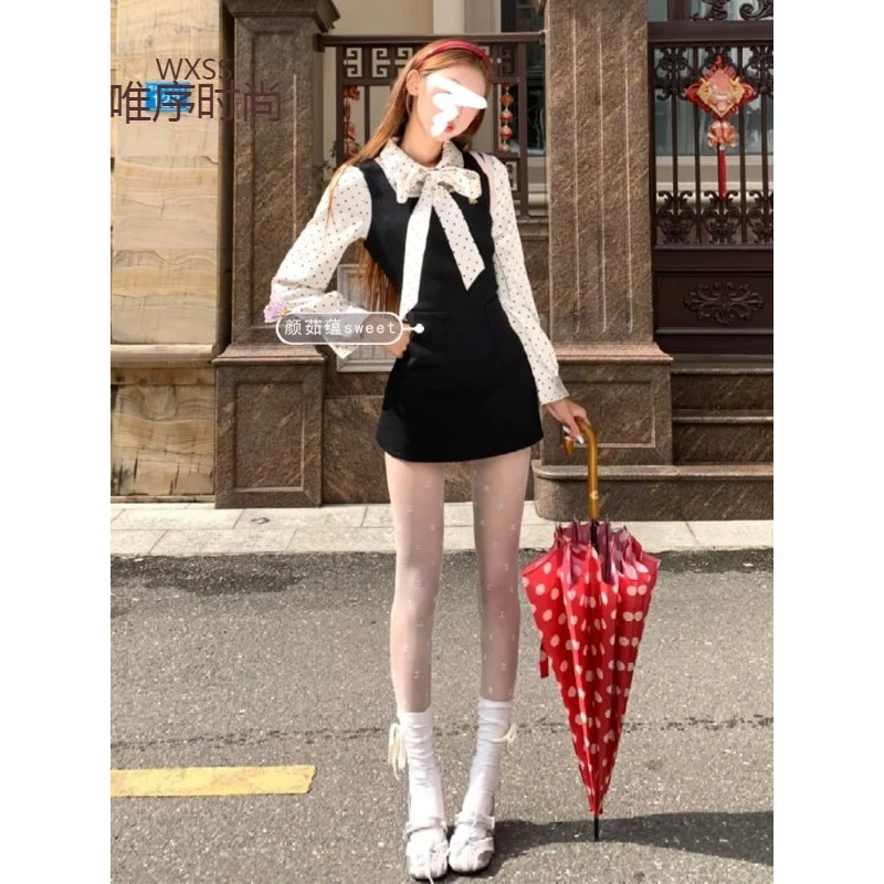 早秋学院风波点衬衫长袖蝴蝶结飘带Polo衫套装女无袖方领背心短裙