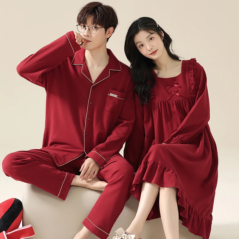 睡衣结婚新婚情侣套装红色男女款秋季纯棉睡裙雅致情侣睡衣春秋款