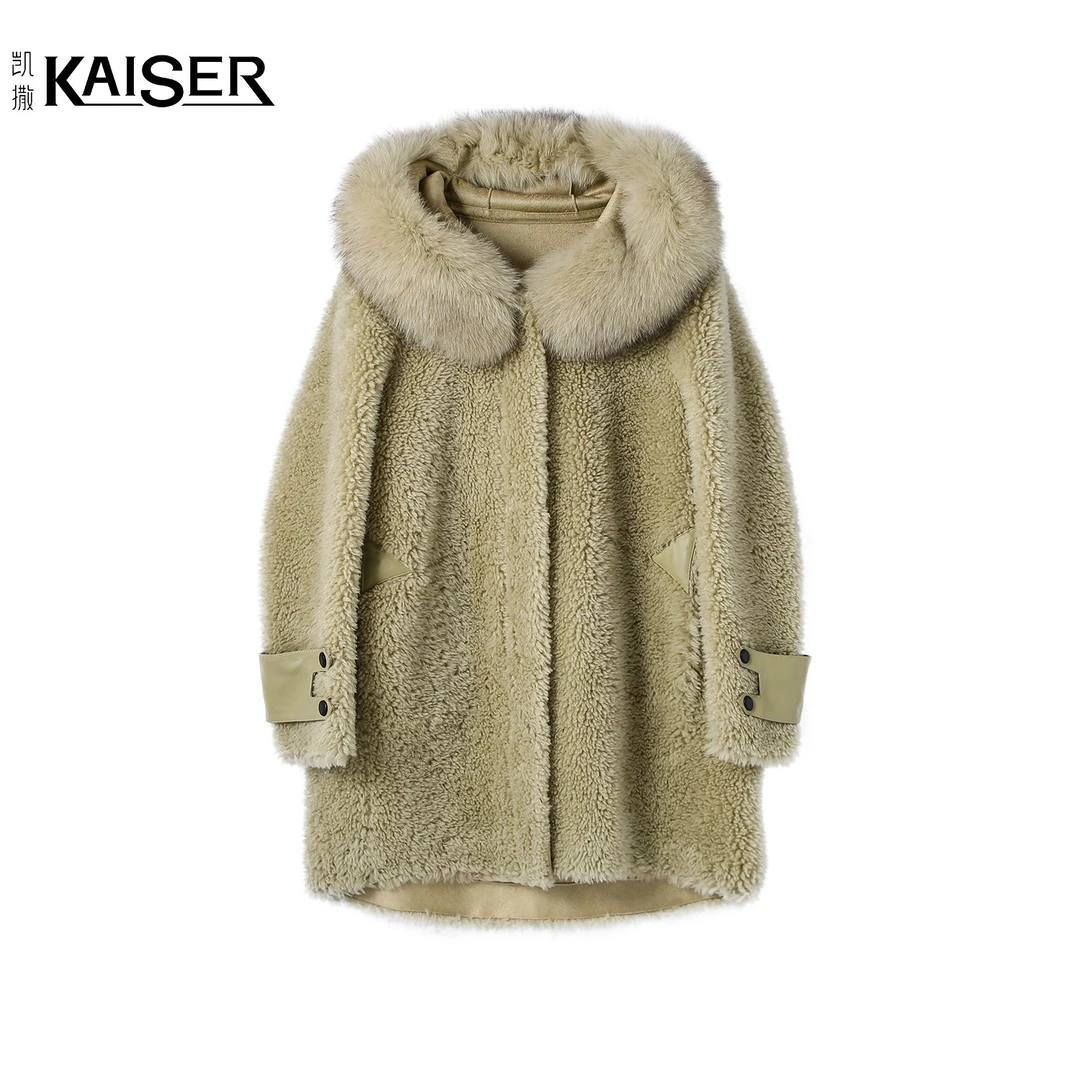 KAISER/凯撒9R1822秋冬连帽狐狸毛时尚轻奢中长款保暖设计师外套
